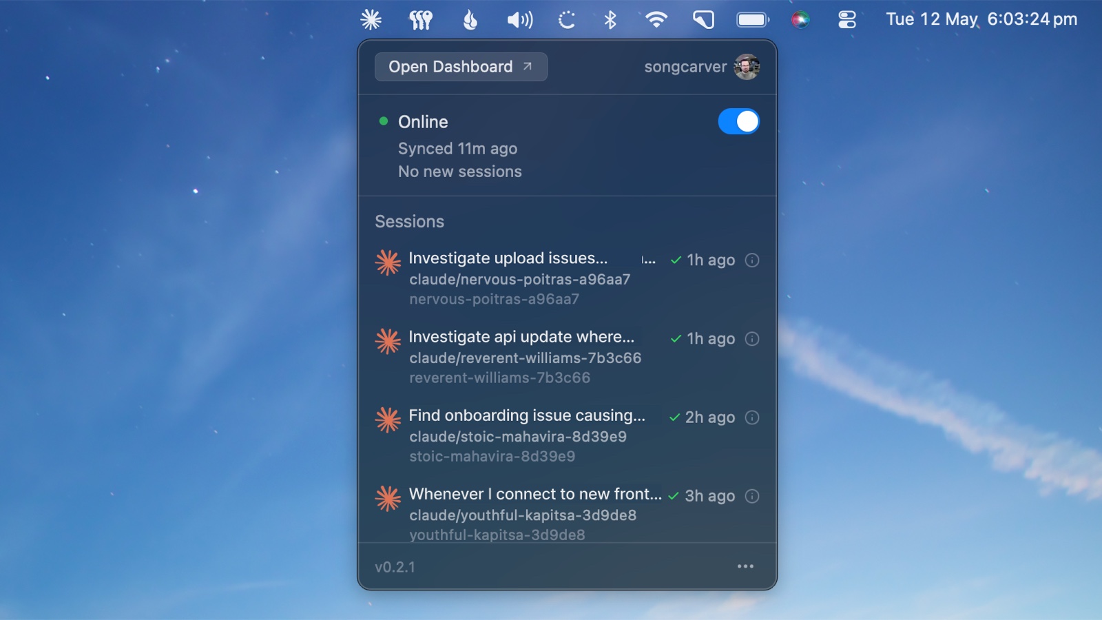 The Cadence desktop app laying out AI coding sessions in the macOS menu bar