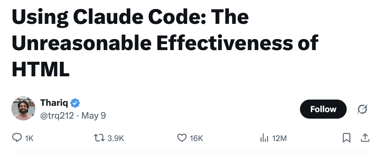 Using Claude Code: The Unreasonable Effectiveness of HTML — Thariq (@trq212)